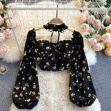 Women Boho Floral Blouse Korean Retro Square-Collar Puff Sleeve Slim Tops Spring Sexy Streetwear Print Short