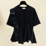 White Ruffle Trim T Shirt For Women Round Neck Short Sleeve Loose Solid Minimalist T Shirts Female Fashion