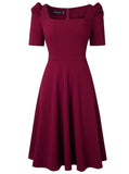 Vintage Square Collar Short Sleeves Solid A-line Midi