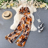 Bohemian Floral Two Piece Set Women Sexy Slash Neck Spaghetti Strap Short Tops + High Waist Wide Leg Pants Pleated 2pcs Suit