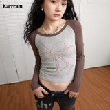 Grunge Patchwork Crop Top Vintage Long Sleeve Ribbed T-shirt Harajuku Y2k Aesthetics Tops Japanese Fashion