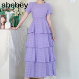 New Summer Temperament All-match O-neck short sleeve Dress waist slim multi-layer Ruffles cake
