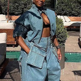 Toloer 2024 New Niche Design Feel Tooling Wind Denim Jacket Women's High Waist Loose Show Thin Short Jacket-Outfit