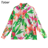 Women Fashion Tropical Leaves Floral Print Smock Blouse Office Lady Side Split Breasted Casual Blusas Chemise Tops