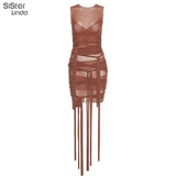 Chic See-Through Multilayer Mesh Sexy Lace Up Bodycon Mini Dresses Women Birthday Clothing Lady Sling Skinny Stretchy
