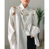 Women White Hollow Out Big Size Blouse New Lapel Long Sleeve Loose Fit Shirt Fashion Tide Spring Autumn 2023