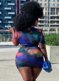 Printed Casual O-Neck Short Sleeves Tie Dye Plus Size Two Piece Skirt
