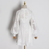White Elegant Patchwork Embroidery Dress For Women Stand Collar Lantern Long Sleeve High Waist Dresses Female 2023