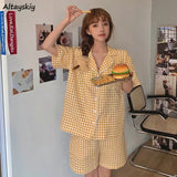 Sets Women Plaid Classic Retro Turn Down Collar Short Sleeve Loose Preppy Style Cozy Students Sleepwear Home Female