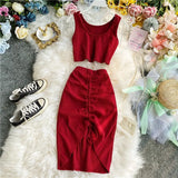 Summer Women 2pcs Set Black/Red Vintage Round Neck Knitted Short Tops + Drawstring Bodycon Skirt Female Two Piece Set