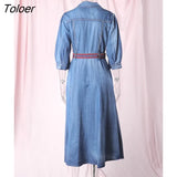 Vintage Embroidery Denim Maxi Dress Women Spring Lapel Pocket Lantern Sleeve Long Vestidos Belt Boho Beach Casual