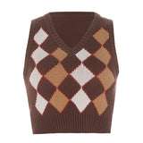 Sweetown Argyle Plaid Knitted Womens Sweater Vest England Preppy Style Cute New Clothes V Neck Casual 90s Knit Jumpers
