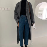 Women Elegant Solid Long Wool Coat With Belt Chic Batwing Long Sleeve Pockets Loose Coat Female Autumn Winter