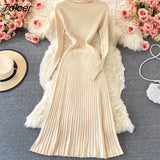 Women Pleated Knitted Dress Turtleneck Long Sleeve Elastic Slim Pencil Dress Autumn Winter Sexy Bodycon Sweater