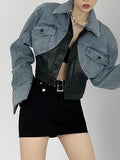 Slim Patchwork Fake Two Piece Jacket For Women Lapel Long Sleeve Colorblock Denim Jackets Female Clothing Style