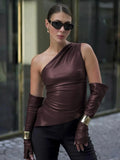 Toloer Women's Fall 2024 New Street Hipster Sleeveless Diagonal Collar PU Leather Vest Plus Sleeve Top Women's Suit-Outfit