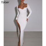 2023 Autumn Knitted High Split Dress For Women Robe Elegant V Neck Full Sleeve Bodycon Sexy Long Dress