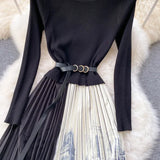 2021 Women Pleated Dress Fashion Korean Long Sleeve Splice Print A-line Dresses Autumn Chic Streetwear New Long