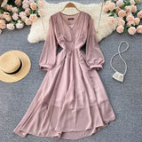 Autumn Vintage V-Neck Chiffon Dress Women Elegant Puff Long Sleeve High Waist Purple/Green/White Robe Female Casual Vestidos