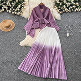 Wrinkled Butterfly Sleeve Gradient With Shawl Short Coat Top + Gradient 100 Folded Skirt Two-Piece
