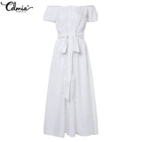 Celmia Bohemian Sexy Long Dress 2022 Summer Women Ruffles Maxi Beach Sundress Off Shoulder Short Sleeve Buttons Party