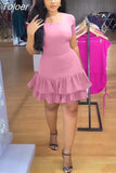 Lady Round Neck Short Sleeve Ruffles Hemline Short Dress Chic Cross Lace Up Hollow Out Bohemian Holiday Trip Travel