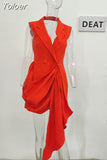 Fashion Women's Suit Evening Dress Sleeveless Double Breasted Large Hemline Pleated Orange Dresses Spring 2023 New