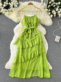 Solid Vacation Women Beach Dress 2022 Summer Fashion Sashes Zipper Sleeveless Ladies A line Ruffled