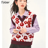 Women Knit Vest 2022 Winter Sleeveless V Neck Loose Sweaters Floral Print Wine Red Casual Chic