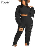 Solid Tassel Fringe Patchwork Short Sweater Top Knitted Two piece Set Pants Set Warm Thick Outfits Women Winter