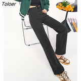 Women Jeans 2022 Autumn Middle Waist Straight Denim Pants Solid Black High Quality Retro Casual