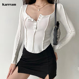 Sexy Button Up Slim T Shirt Women Long Sleeve Irregular Crop Top Korean Fashion Ribbed Skinny Tee Shirt Chic