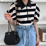 Women Clothing Korean Chic Tshirts Fashion Striped Puff Sleeve Half Zipper Tees Y2k Tops Loose Casual Vintage Summer