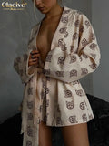 Fashion Loose Print 2 Piece Sets Womens Outfits Casual Lace-Up Long Sleeve Robes With High Waist Shorts Set