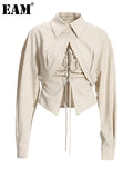 Women Bandage Irregular Drawstring Blouse New Lapel Long Sleeve Loose Fit Shirt Fashion Tide Spring Autumn 2023