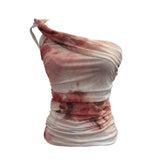 Yarn Printed Slanted Shoulder Sling Vest Retro Design Folding Temperament Short Blouse