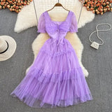 Summer Sweet Women Mesh Ruffle Party Dress Purple/Red/Beige Square Collar Short Sleeve High Waist A-Line Vestidos Female