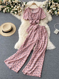 Women Summer Chic Korean Suit Sexy O Neck Chiffon Short Tops+High Waist Wide Leg Split Long Pants Two Piece