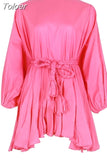 Casual Print Dress For Women O Neck Long Lantern Sleeve Bandage Bow High Waist A Line Dress Female Fashion New 2023