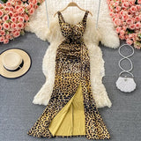 Sexy Leopard Spaghetti Strap Long Dress Summer Women Sleeveless Strapless High Waist Split Bodycon Vestidos Female Draped