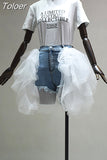 Fashion Women's Skirt Denim Spliced Lace High Waist Pleated White Burr Short Poncho Skirts Spring 2023 Trend New