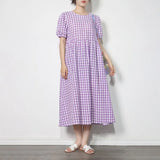 TWOTWINSTYLE Casual Purple Gingham Summer Long Dress Female Round Neck Puff Short Sleeve High Waist Midi Dresses For Women