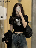 Tshirts Women Letter Print Knitted Black T Shirt Fashion Summer Casual Tees Korean T-shirt Crop Tops 2023 Ropa Mujer