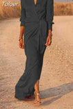 Ladies High Waist Split Mopping Dress Long Sleeve Lapel Dress Women Vintage Skirt Sexy Party Dress Elegant High