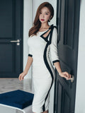 Elegant Women Evening Dress Chic Retro Hollow Folds Skinny Slim Slit Midi Party Club Gown Formal Lady Femme Mujer
