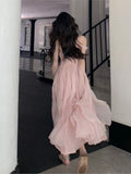 Pink Mesh Back Elastic Korean Dress Women High Wasit V Neck Mid Dress Sleeveless A Line Spaghetti Strap Summer