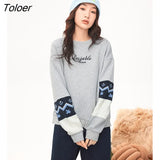 Women Fleece Sweatshirt 2022 Winter Paneled Knitted Long Sleeve O Neck Loose Hoodie Drop Shoulders Casual