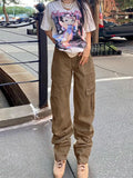 Khaki Wide Leg Cargo Jeans High Waist Big Pockets Baggy Denim Trousers Casual Oversized Pants Street Sweatpants
