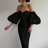Graduation party Women Elegant Dress Lantern Sleeve Casual Strawberry Print Sexy Off Shoulder Party Mid Calf Dress Summer
