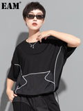Women Black Topstitched Big Size Casual T-shirt New Round Neck Short Sleeve Fashion Tide Spring Summer 2023